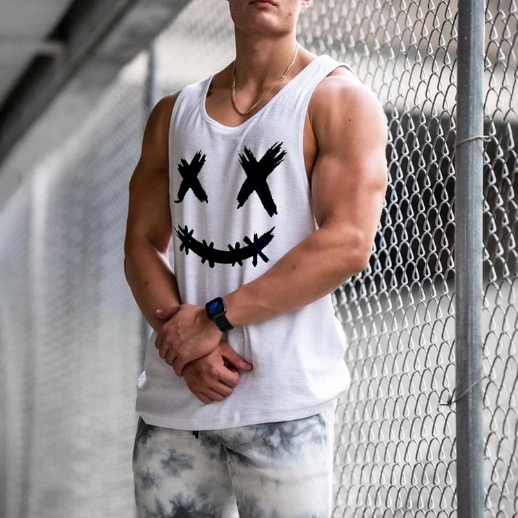 Men's Sports Smiley Print Sleeveless Black Tank Top