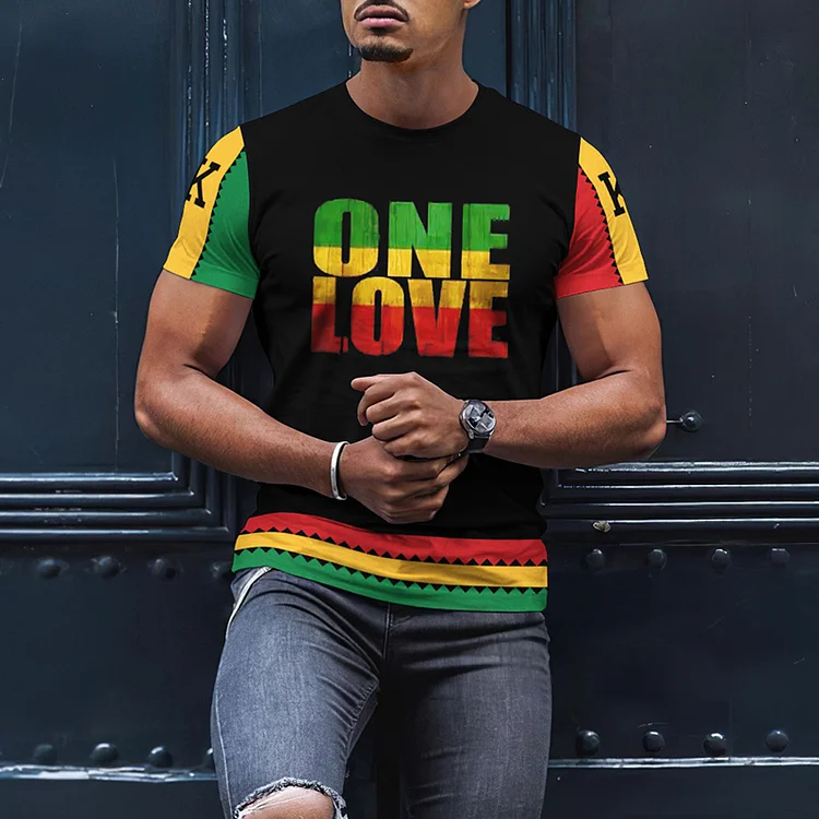 BrosWear Vintage One Love Reggae K Print Short Sleeve T-Shirt
