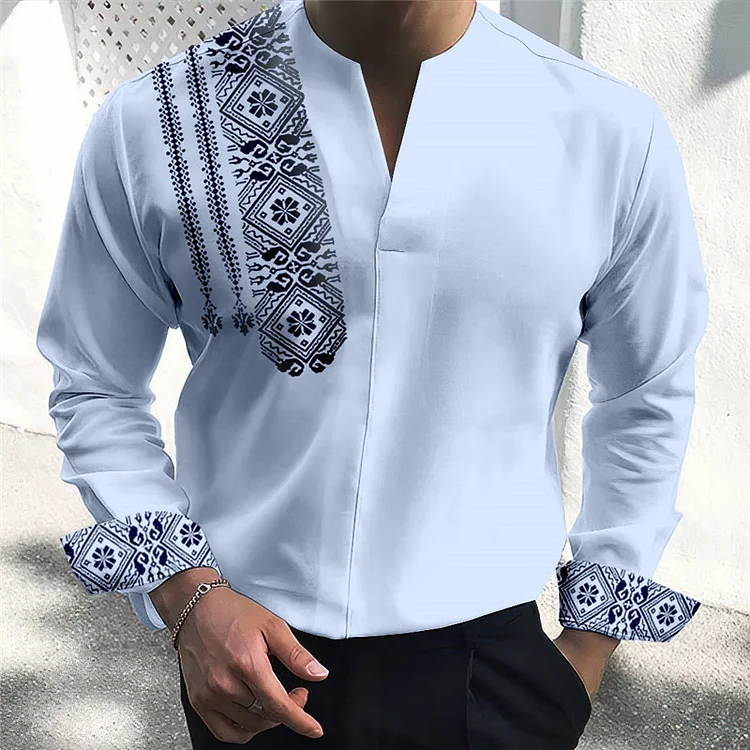 Men's Vintage Geometric Pattern Casual Long Sleeve Shirt