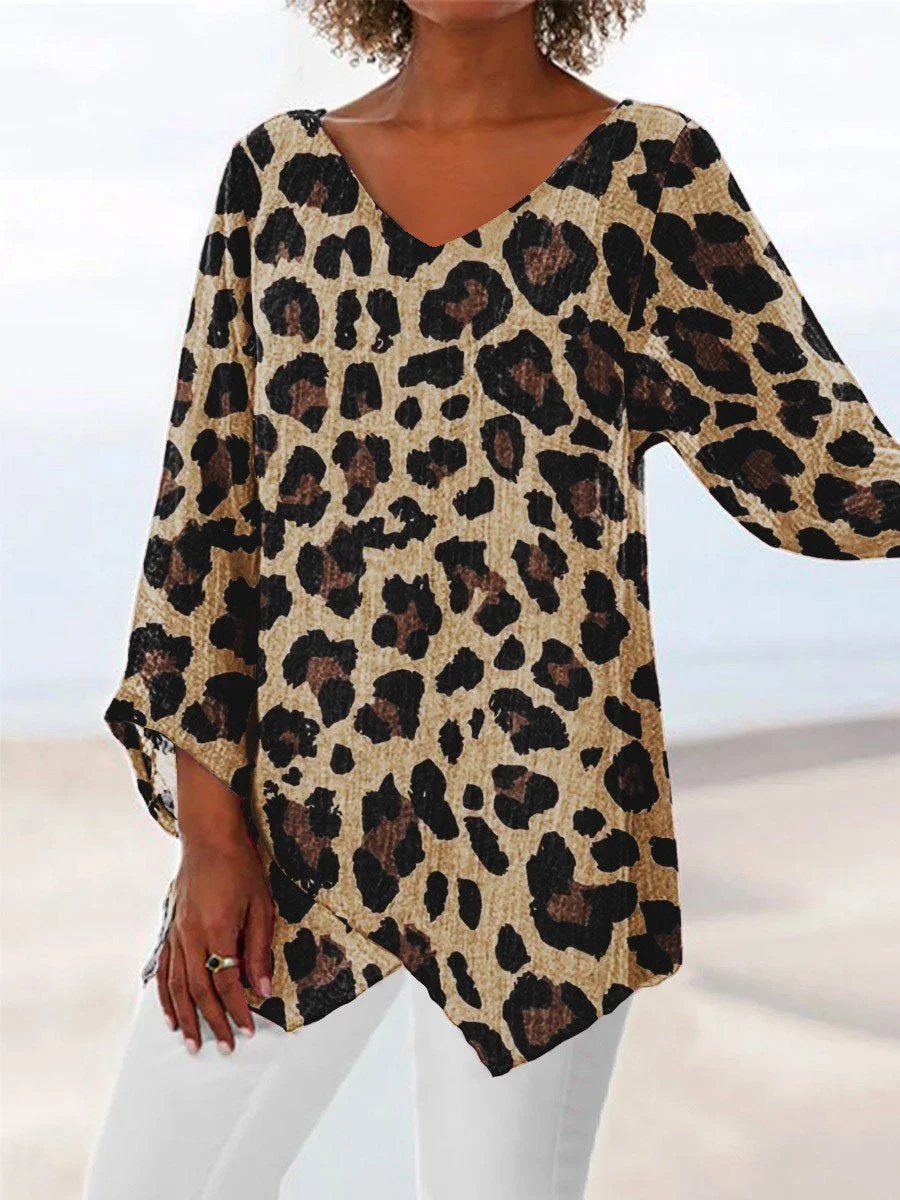 Women Asymmetrical 3/4 Sleeve V-neck Leopard Graphic Top Dress