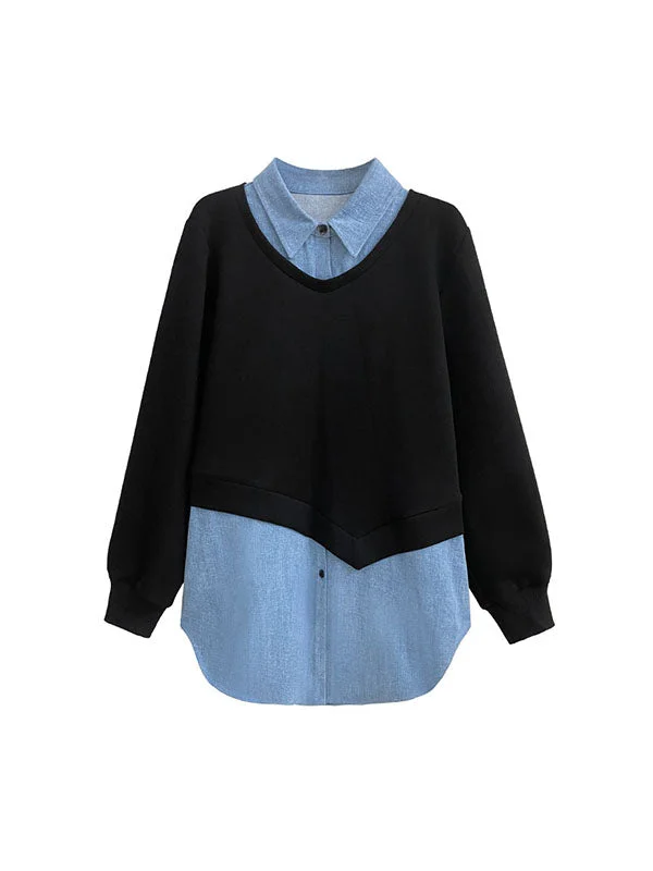 Stylish Black Lapel Buttoned Asymmetric Contrast Color False Two Long Sleeve Denim Sweatshirt