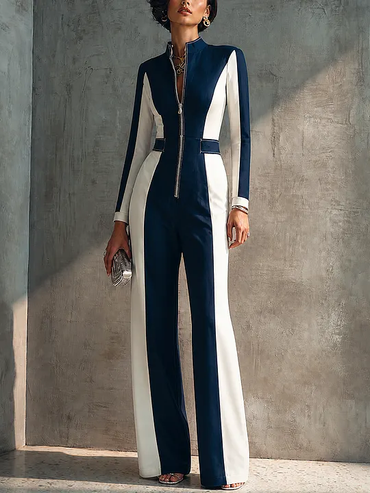 Women's Modern Elegant Navy White Knit Cotton Blend Color-Block Zip-Front Full-Length Jumpsuit MD