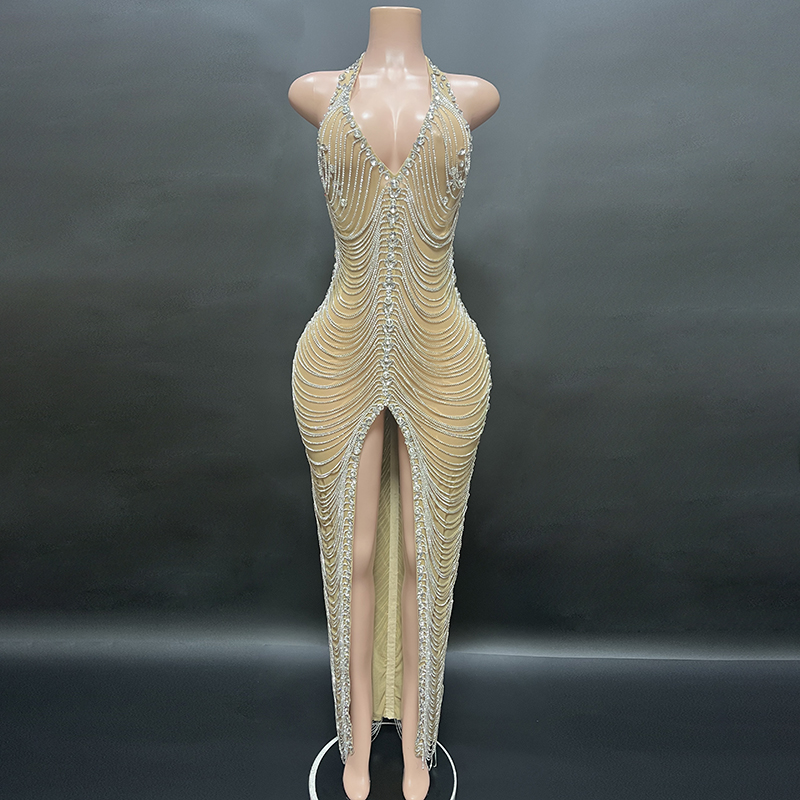 TAAFO Evening Dresses High Split Stunning Sparkling V-neck Crystals Bodycon Chains Sleeveless Dress