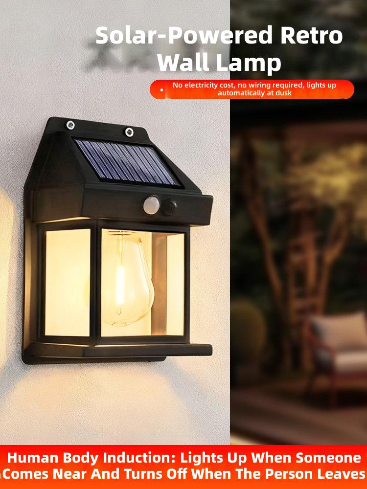 Solar-Powered Retro Wall Lamp with Human Motion Sensor for Outdoor Lighting