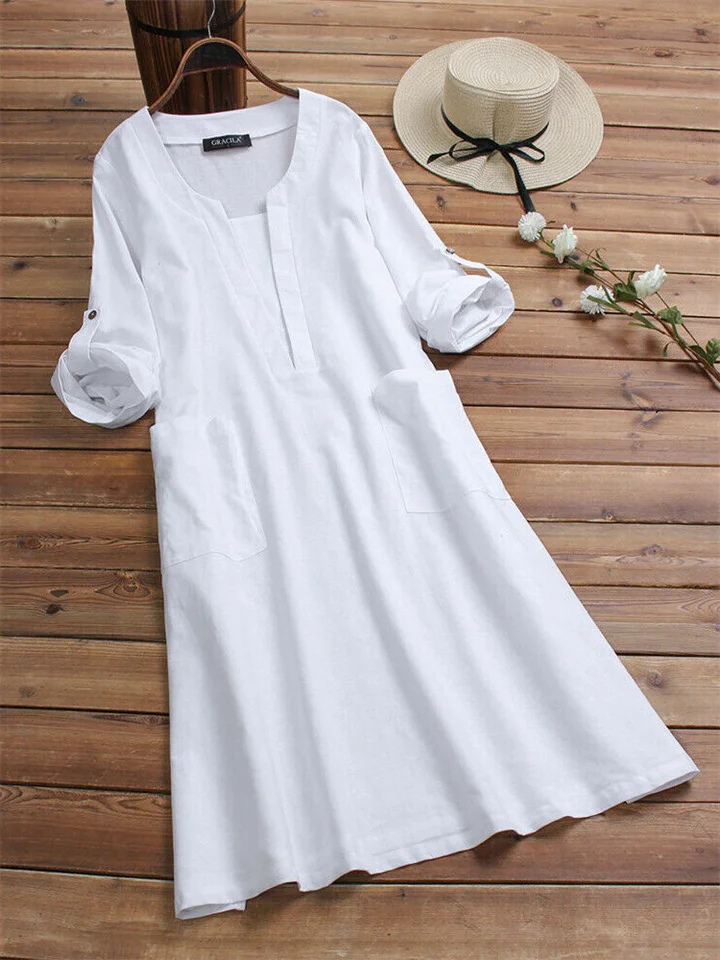 Women's Casual Dress Cotton Dress Midi Dress Cotton Basic Casual Outdoor Daily Vacation V Neck Pocket Long Sleeve Summer Spring Fall 2023 Loose Fit White Blue Plain M L XL 2XL 3XL-Cosfine