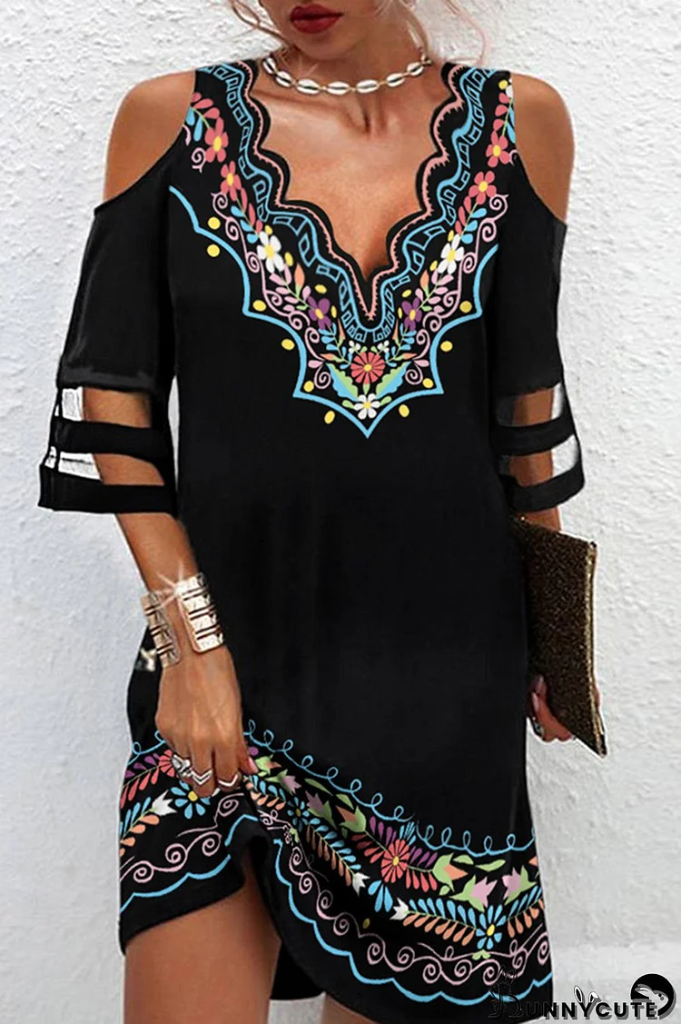 Black Sexy Casual Print Hollowed Out Patchwork V Neck Dresses