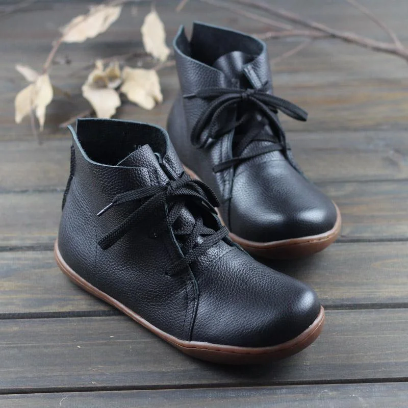 Leather Women Ankle Booties Lace-Up Casual Shoes Flats