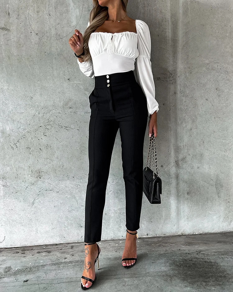 Long-sleeved Strappy Top and Pants Two-piece Suit