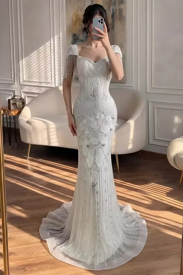 Lussooy Shining Ivory Sweetheart Rhinestone Short Sleeves Beaded Tassel Prom Dress