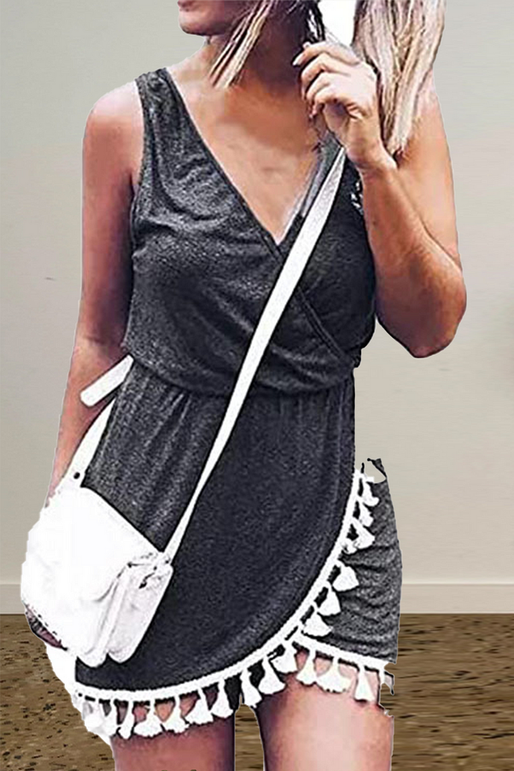 Casual Patchwork Tassel V Neck Waist Skirt Dresses(3 Colors) - Life is Beautiful for You - SheChoic