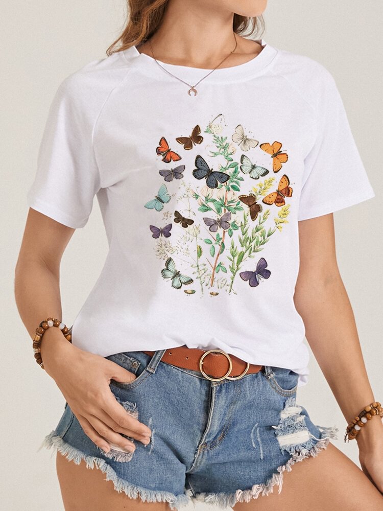 Butterflies Plants Print Short Sleeve O neck Casual Women T Shirt P1846440
