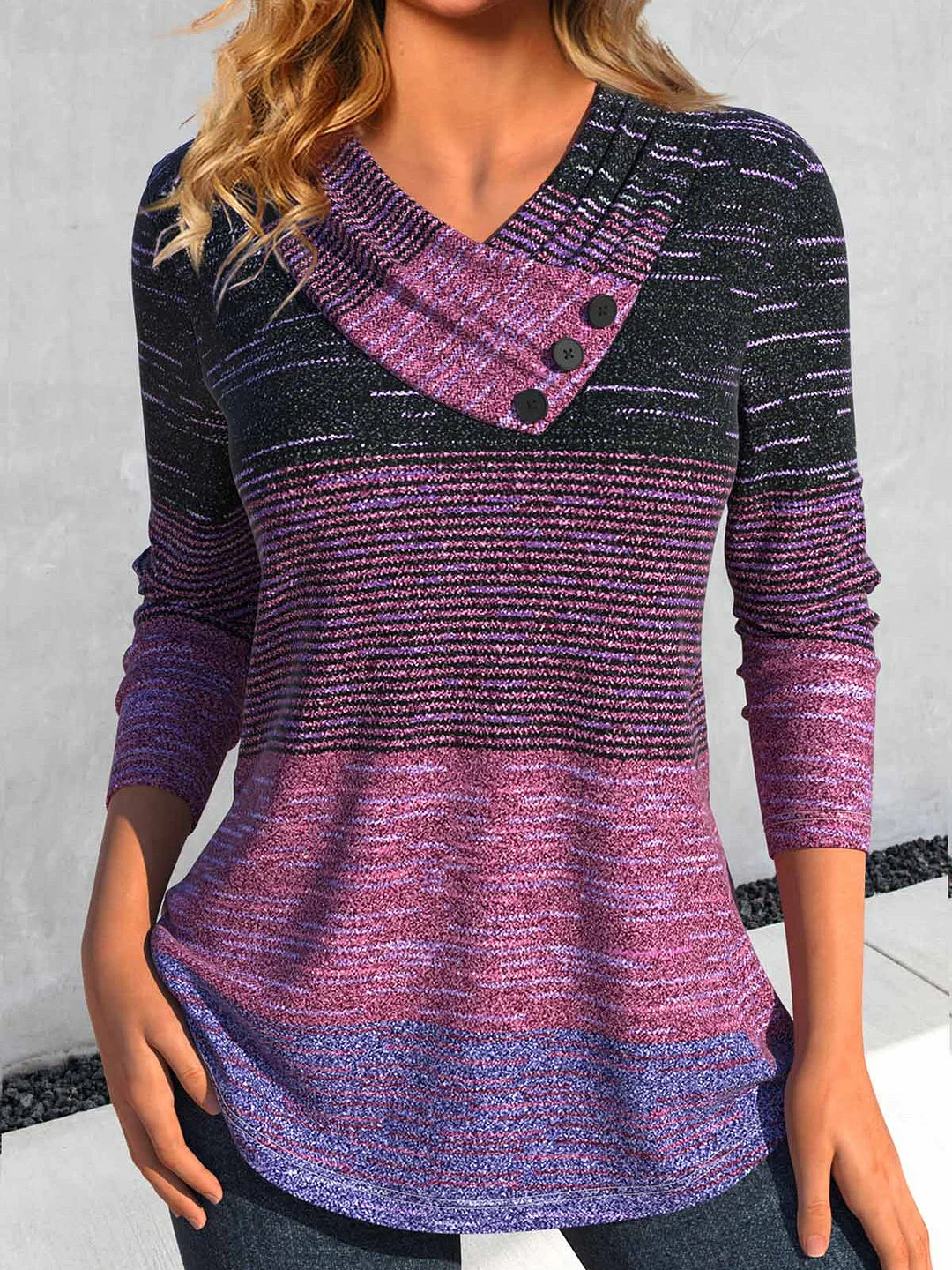 Women's Long Sleeve V-neck Striped Graphic Top