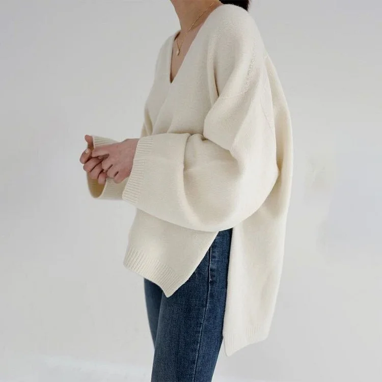 White Plain V-Neck Sweater