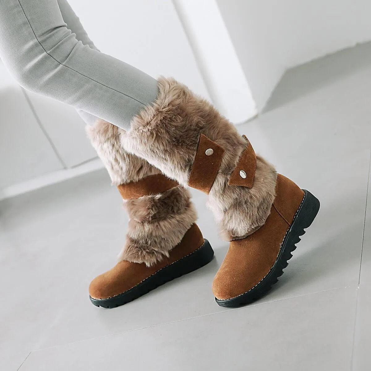 VCSHOES Fur Flat Suede Mid Calf Boots