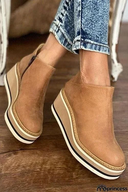 Slip On Zipper Wedge Ankle Boots