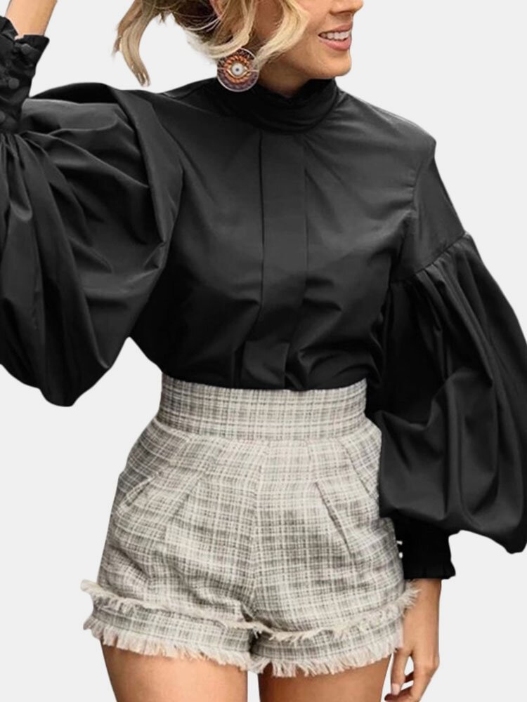 Solid Color Long Lantern Sleeve Ruffle Shirt For Women P1771128