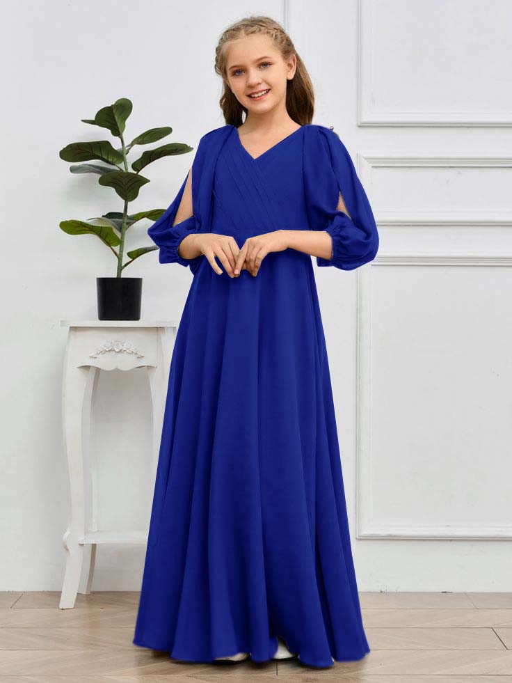 Daisda Long Sleeves V-Neck Junior Bridesmaid Dress With Pleated