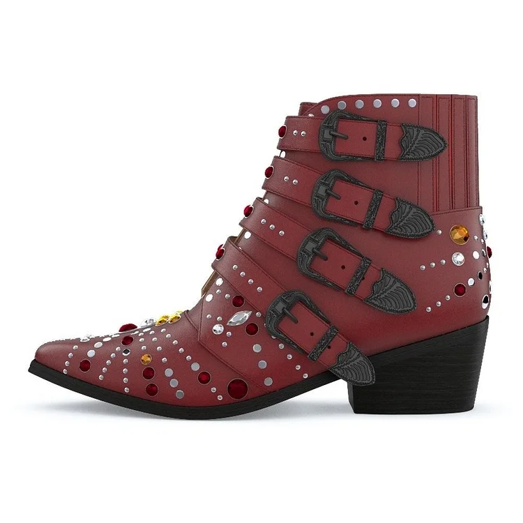 Maroon Buckles Rhinestone Fashion Boots Vdcoo