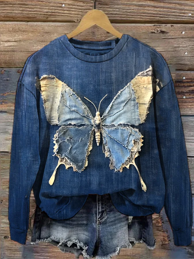Women's Retro Frayed Butterfly Graphic Print Casual Sweatshirt