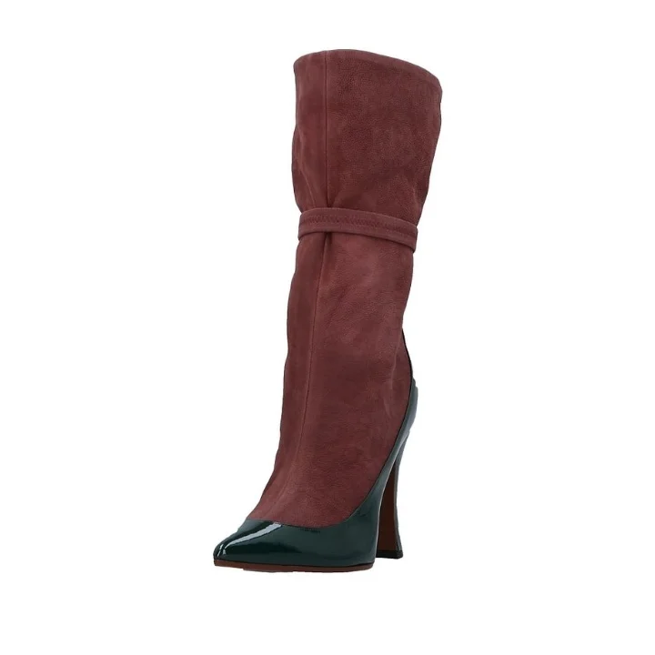 Burgundy and Green Chunky Heel Mid Calf Boots Vdcoo