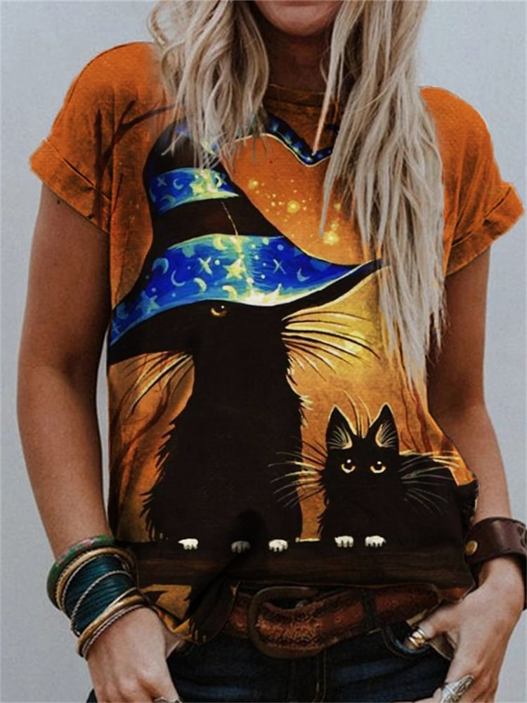 Halloween Lovely Cat Witch Print T Shirt
