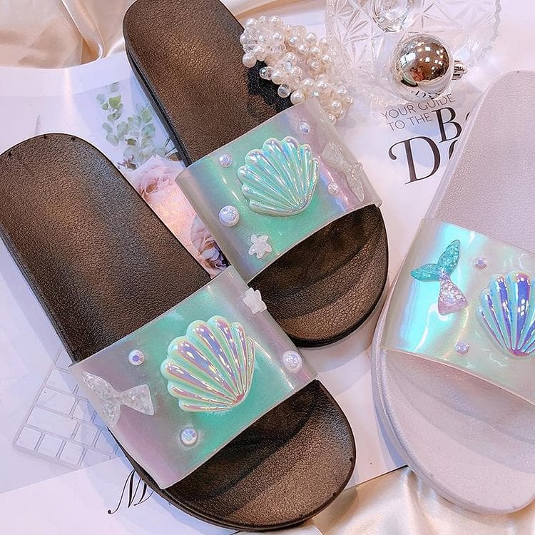 Black/Silver Hologram Mermaid Scallop Slippers SP14068