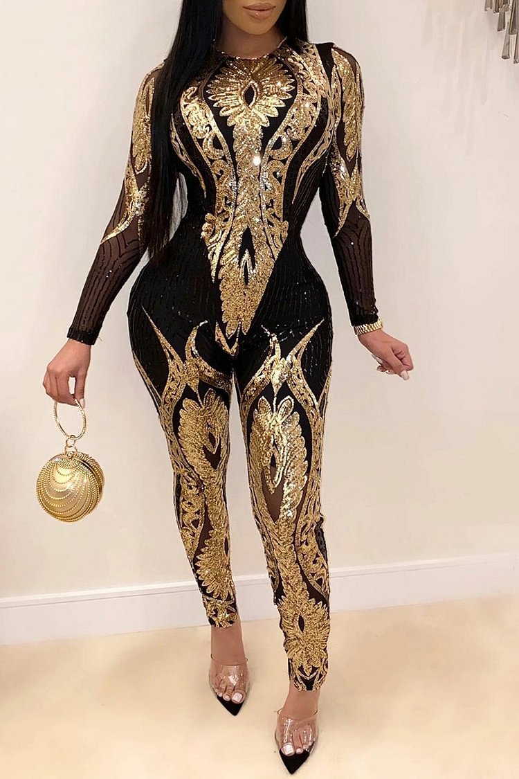 Sequins Embroidery Long Sleeve Bodycon Jumpsuit