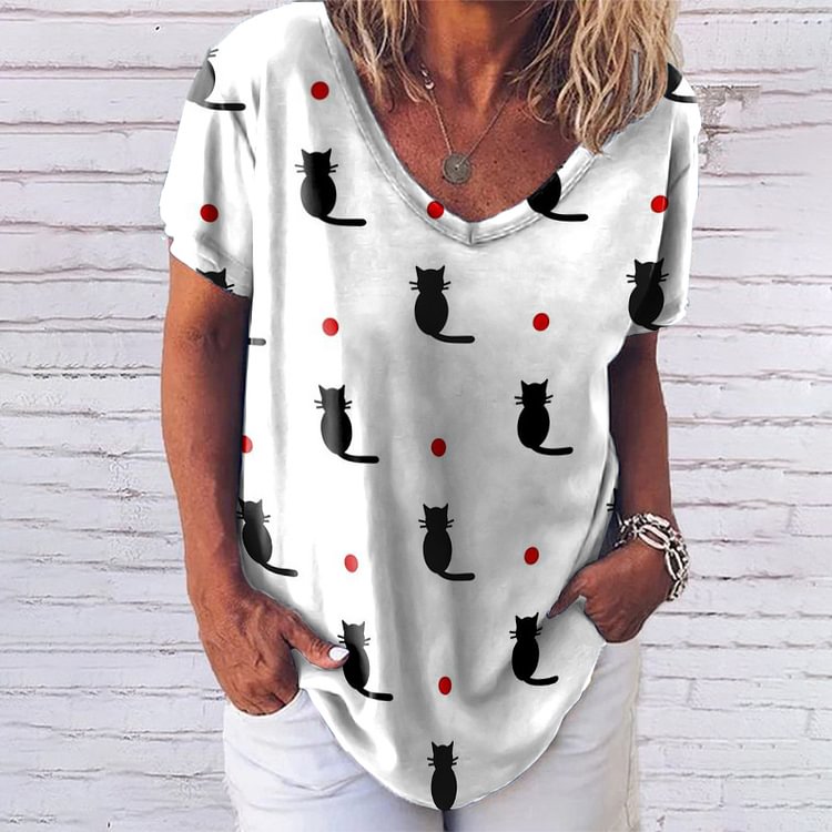 Comstylish Cat Polka Dot Print T-Shirt