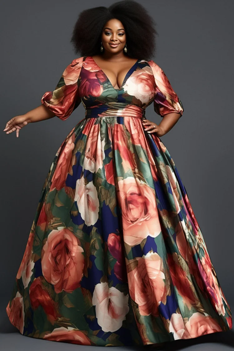 Xpluswear Design Plus Size Elegant Multicolor Floral V Neck Lantern Sleeve Satin Maxi Dresses 