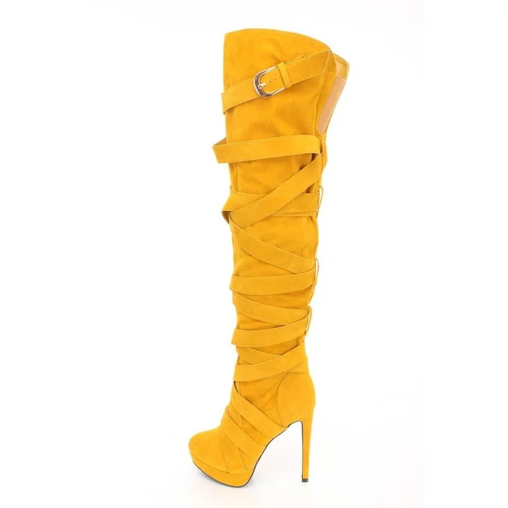 Mustard Buckle Strappy Long Boots Vdcoo