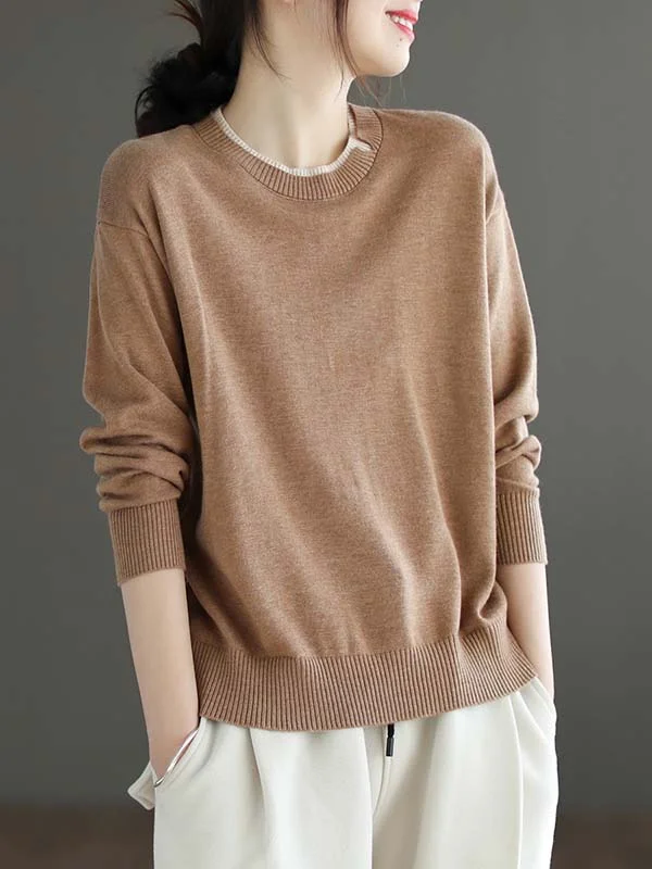 Casual Roomy Long Sleeves Pure Color Round-Neck Sweater Tops