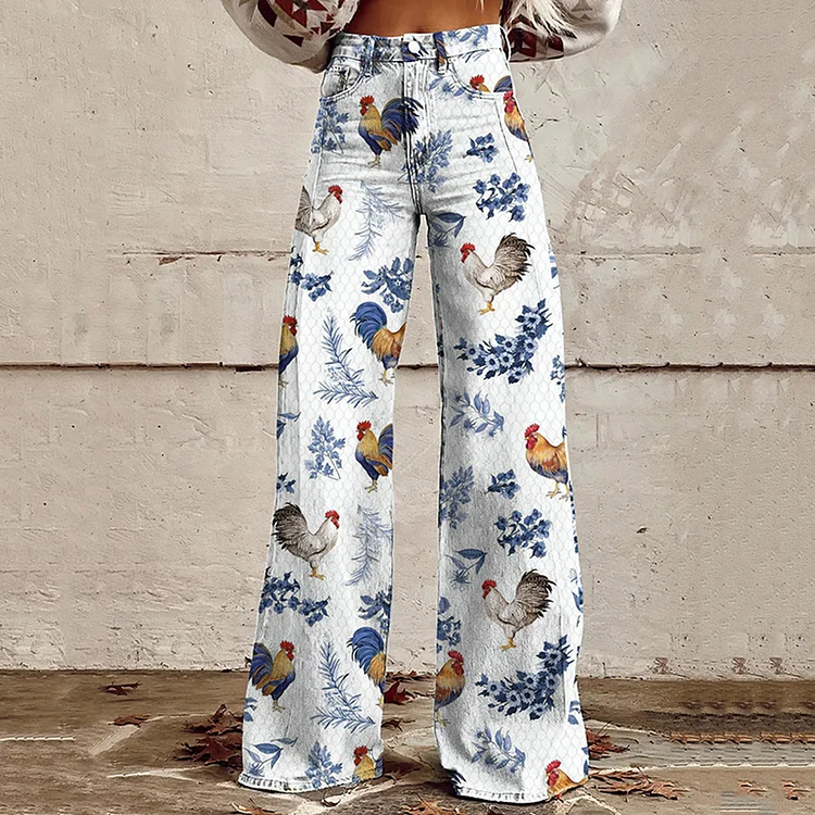Comstylish Rooster Print Wide Leg Jeans