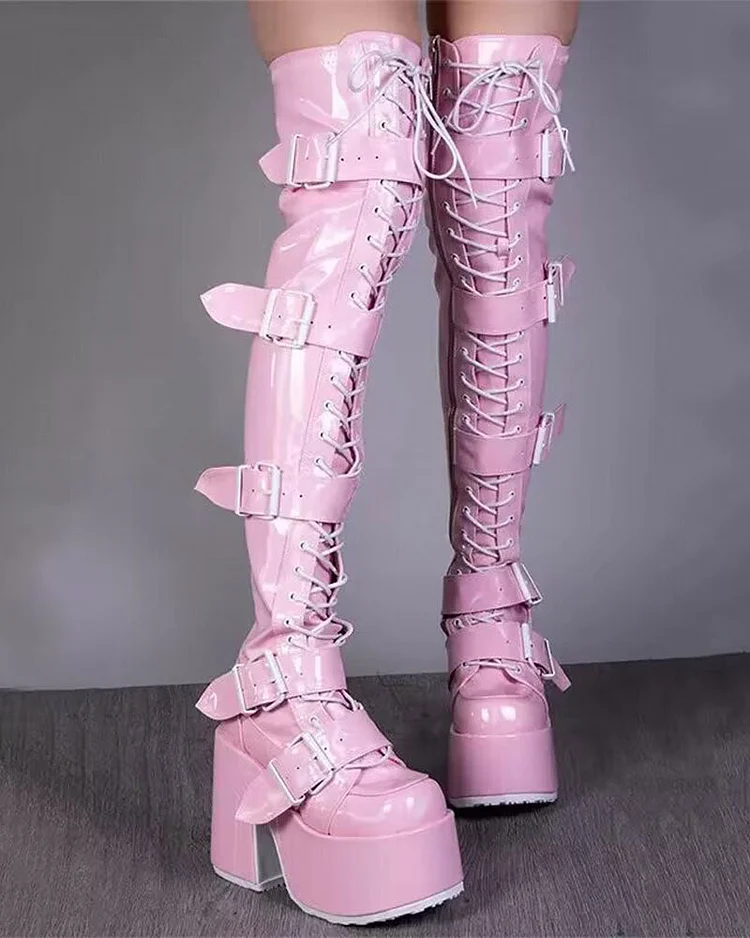 Buckled Design Whimsical Strappy Chunky Boots