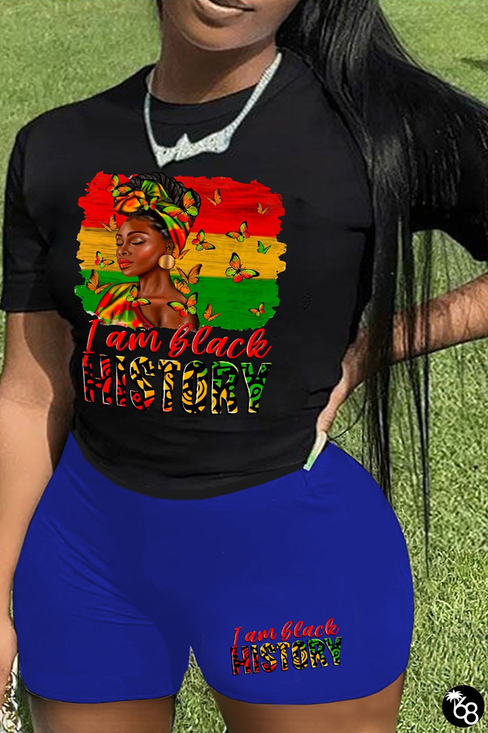 Blue Black Street Print Patchwork O Neck Plus Size Two Pieces | 168DEAL