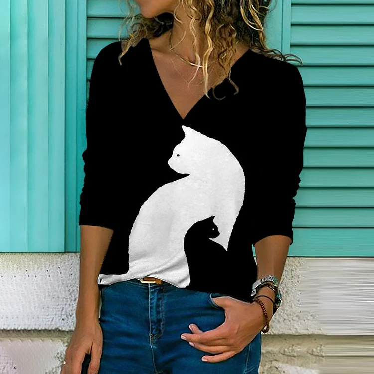 Vefave Casual Contrast Cat Print Long Sleeve T-Shirt