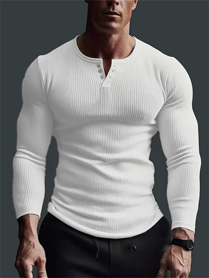 Men's Long Sleeve Tops Fitness High Stretch Bottom Shirt Men's Staple Button V-Neck Solid Color Large Size Casual T-Shirt-Cosfine