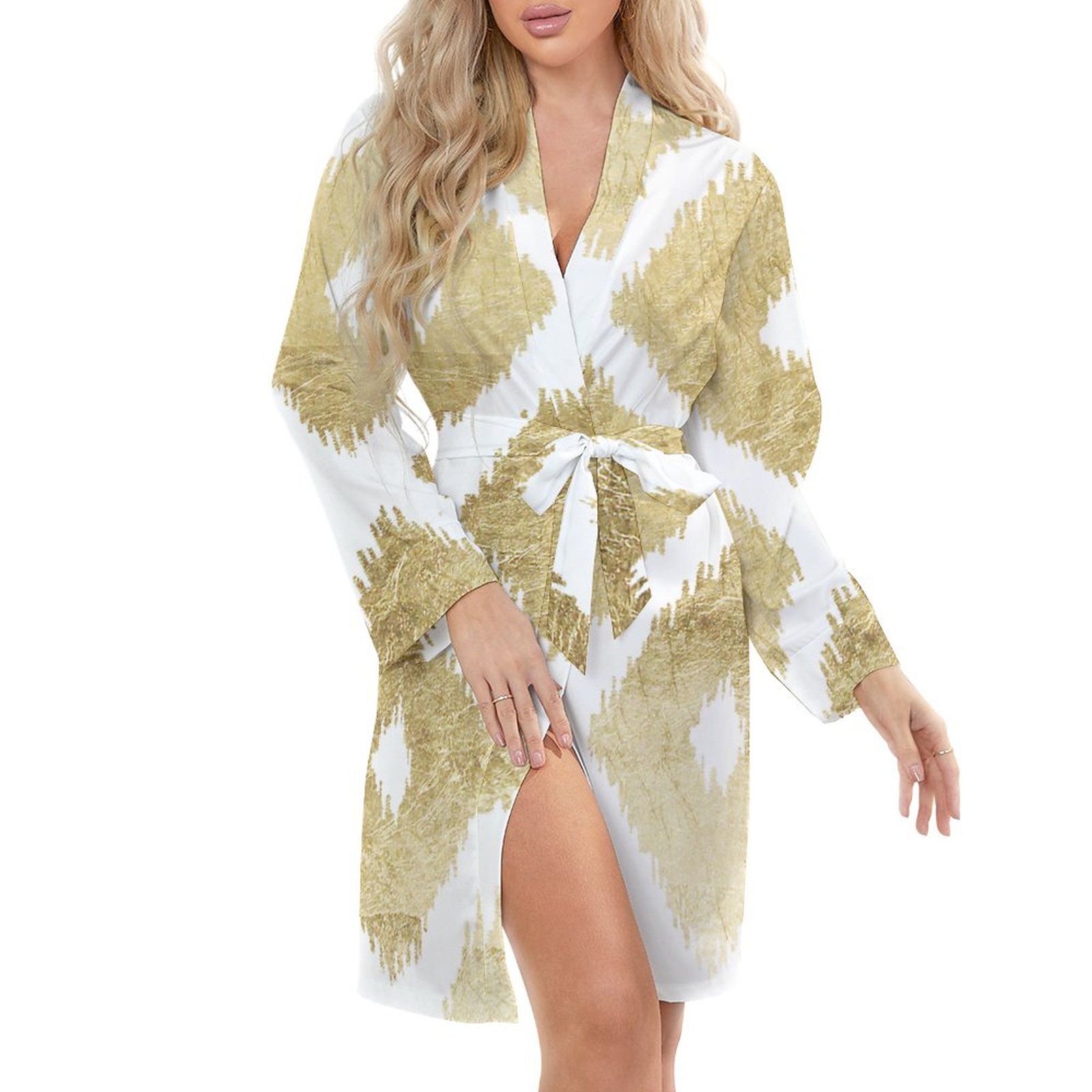 Modern Chic Faux Gold Leaf Ikat Women Sexy Lingerie Robe Kimono Cover