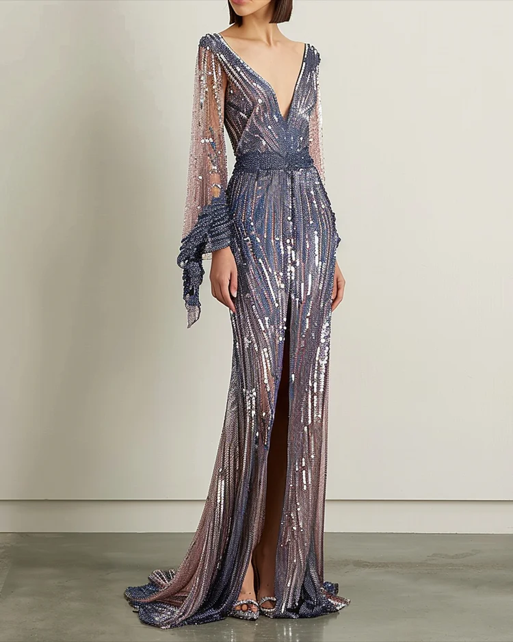 Women's V-neck long-sleeved mesh sequins Dress