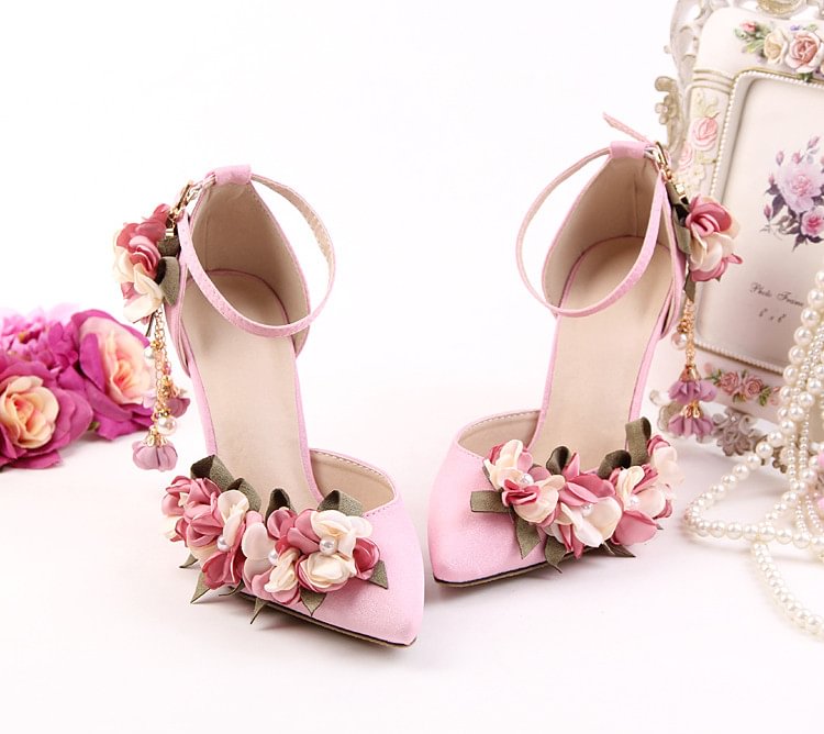 Pink Wedding Heels Ankle Strap Floral Closed Toe Sandals for Bridesmaid |FSJ Shoes