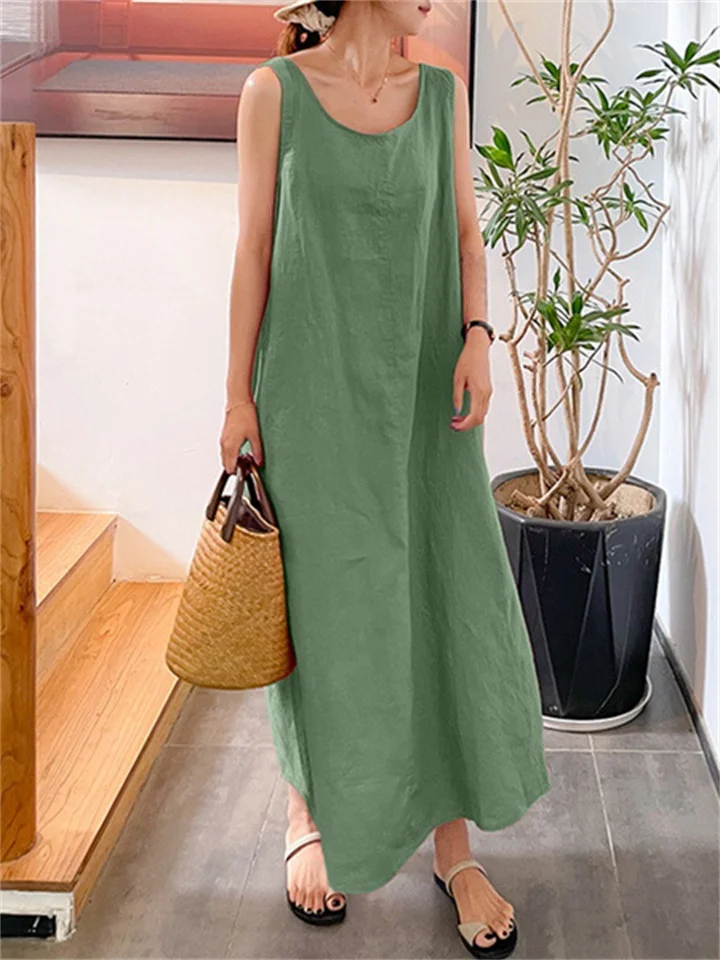 Summer New Long Version of The Halter Cotton Linen Simple Wind Loose Pockets Round Neck Temperament Sleeveless Solid Color Dress Female-JRSEE