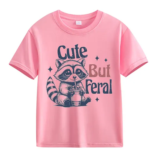 【2Y-13Y】Cute But Feral Cartoon Raccoon Print T-Shirt For Kids