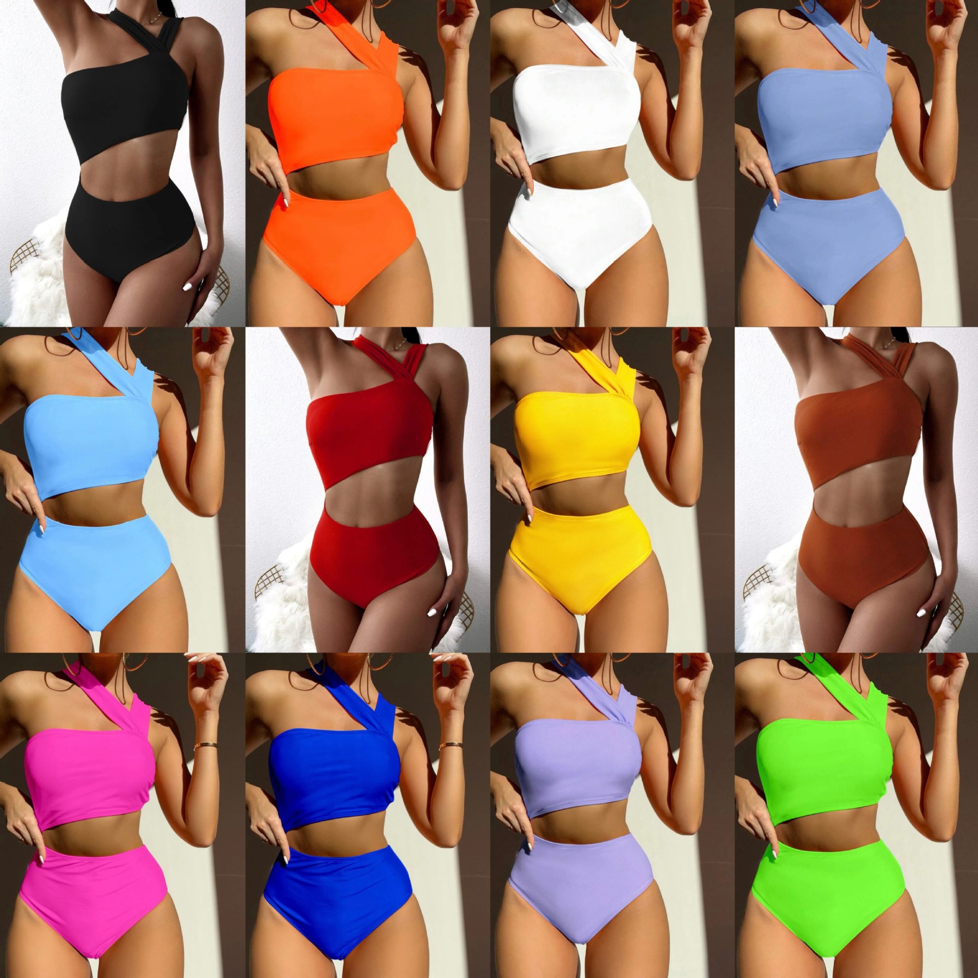 Uveng New Sexy Shoulder Style Thoracic Hollow Solid Colored Swimsuit Bikini Bikini