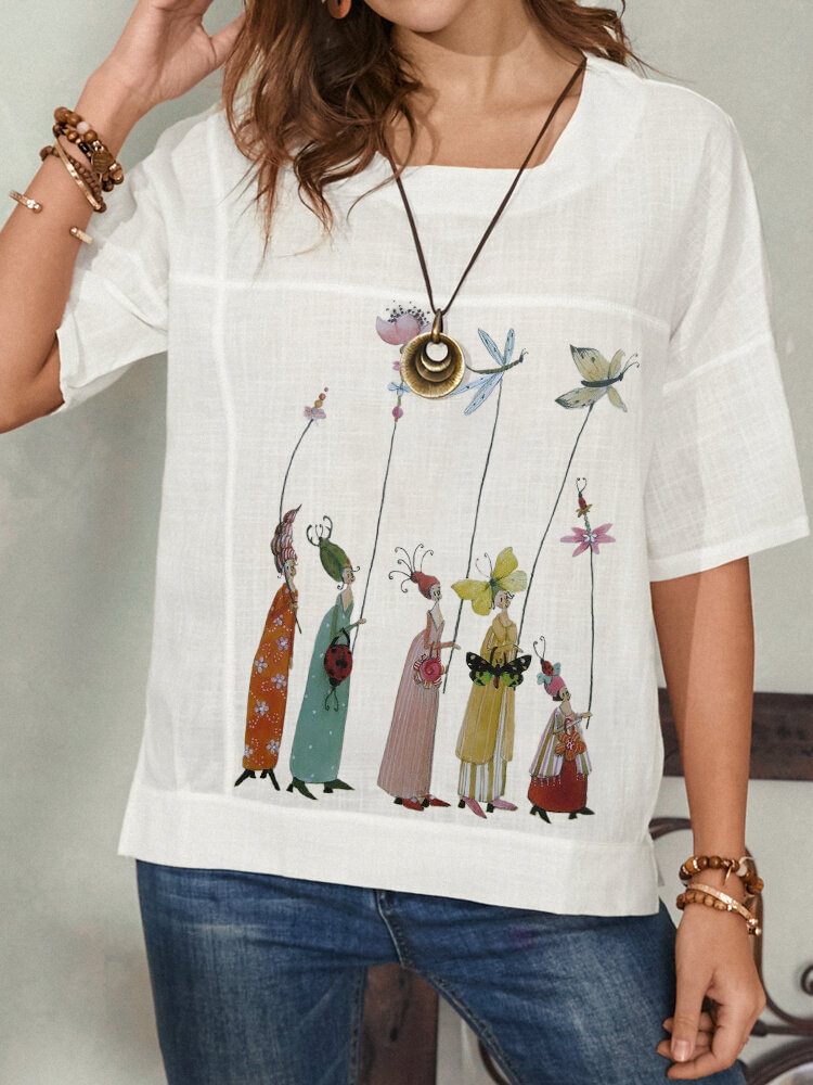 Cartoon Calico Print O neck Short Sleeve Casual T Shirt For Women P1814485