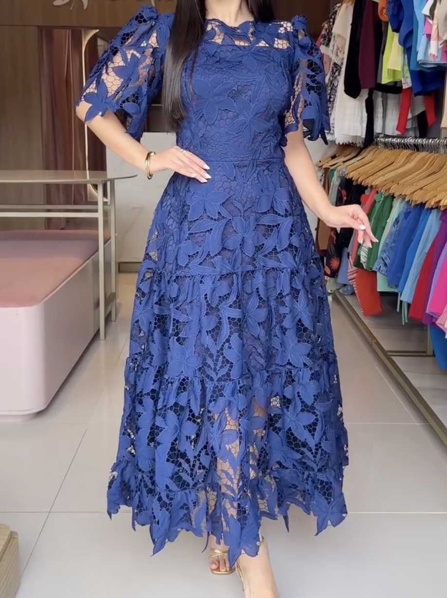 green emerald velvet dress Steel Blue Lace And Beading V-Neck Long Dress With Lace Up Back main image 1