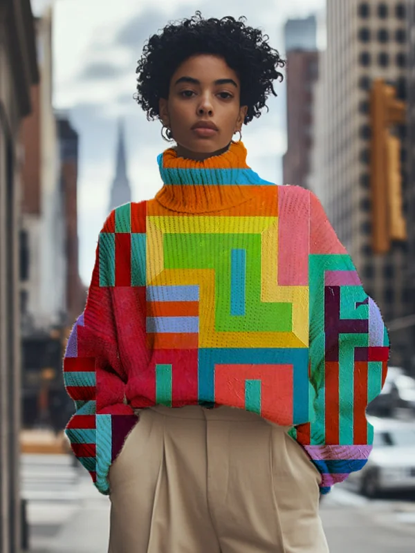 Women's Multicolor Geometric Print High Neck Knit Sweatshirt
