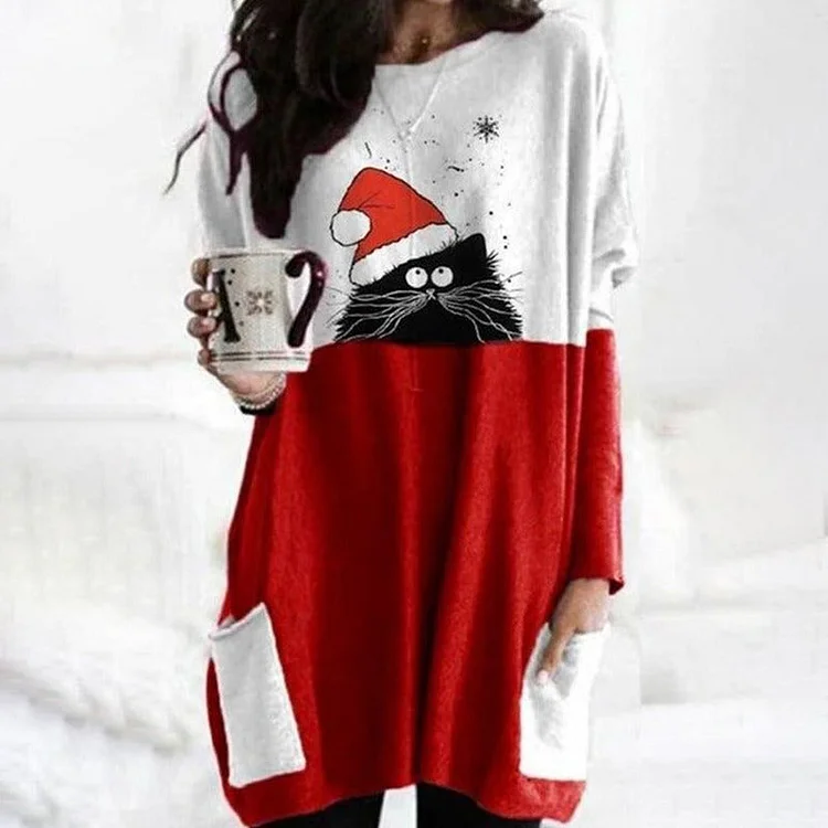 Casual Colorblock Cat Print Long Sleeve Tunic socialshop