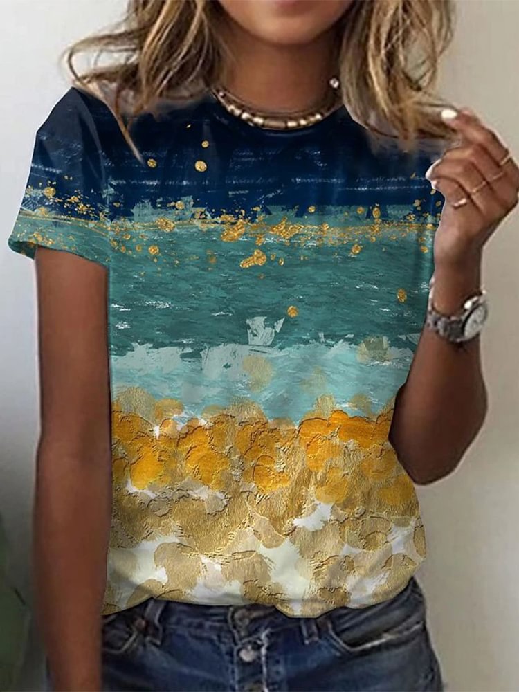 Round Neck Printed Short Sleeve Loose T Shirt P181001660