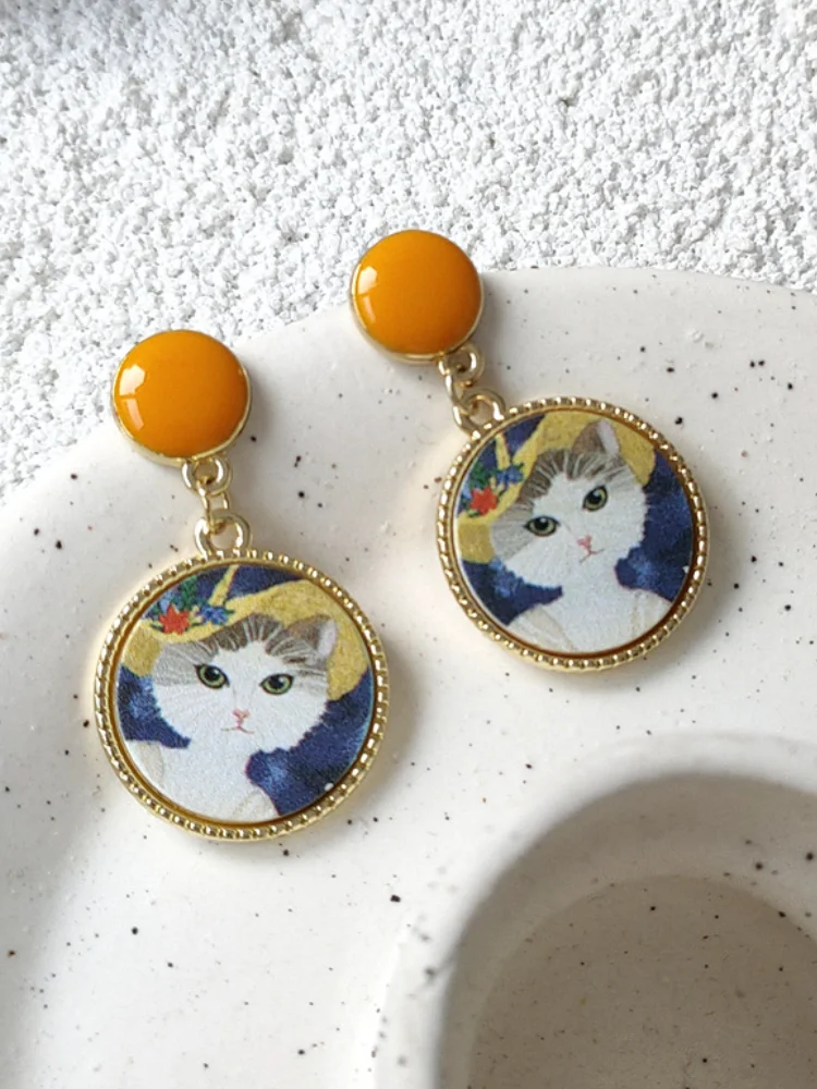 Vintage Cat Inspired Oil Painting Earrings