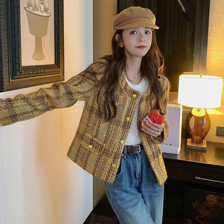 Color Block Cropped Woven Single-Breasted Jacket TY191