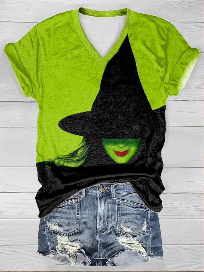 Women's Witch Print Short Sleeve V-neck T-Shirt socialshop